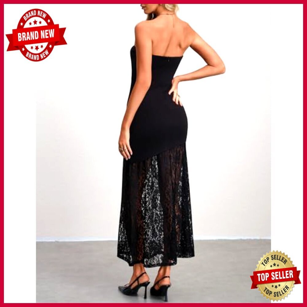 Strapless Backless Midi Dress with Lace Hem, Tube Top, Zipper Closure - Picture 2 of 7